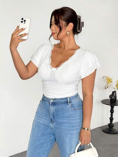 Firerie 大码女式V领蕾丝荷叶边连体衣，百搭休闲装