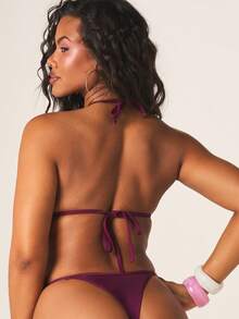 MISSGUIDED 女士交叉绑带三角比基尼套装，露背上衣搭配系带泳裤，适合海滩夏季度假 - 酒紅色 - 查看 2