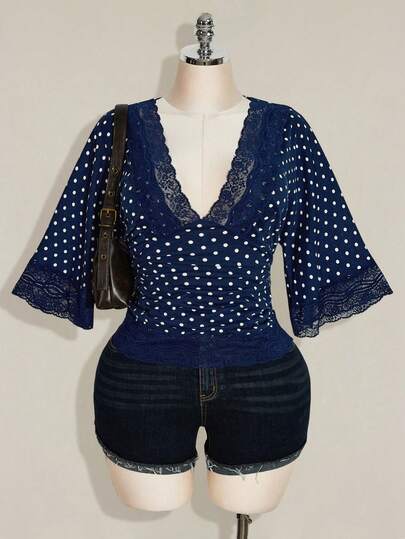 SHEIN ICON Plus Size Y2K Casual Polka Dot Sexy V-Neck Lace Patchwork Flare Sleeve Top