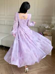 DAZY Women's Elegant Floral Print Square Collar Petal Sleeve Mid-Length Dress, Spring/Summer,Wedding Guest Dress Women - Mauve Purple - View 2