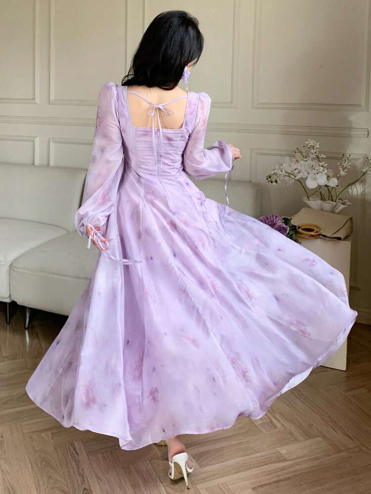 Women's Elegant Floral Print Square Collar Petal Sleeve Mid-Length Dress, Spring/Summer,Wedding Guest Dress Women Sundress