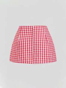 Sweetra Women's Sweet & Cool Red & White Plaid Side Tie A-Line Mini Skirt, Slimming, Spring/Summer - Red and White - View 3