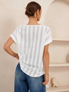 春夏时尚简约休闲白色针织纹理V领插肩短袖T恤 - 白色 - 查看 2