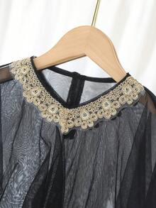 SHEIN 女婴优雅奢华黑色网纱波点长袖连衣裙配长外套套装 - 彩色 - 查看 7