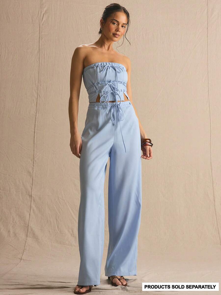 MUSERA Strap Detail Wide Leg Trouser Co-Ord Bottoms Only Spring Summer Cosy Cute Daily Girly Vacation Sunlight Social - Baby Blue - View 1