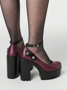ROMWE Kawaii Women's Leopard Print Thick Sole Buckle Design High Heel Shoes, Suitable For Party Occasions Valentine's Day Y2K 2000s Style - Burgundy - View 2