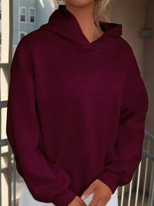 Sydney Algeri 夏季女装简约休闲纯色套头连帽长袖卫衣秋冬无抽绳宽松版型，秋季，女士秋装圣诞节 - 中紫紅色 - 查看 6