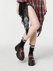 ROMWE Goth 女士黑色套脚乐福鞋，玛丽珍平底鞋，日式JK制服风格，正式工作鞋，厚底平底鞋，圣诞节礼物 - 酒紅紋路 - 查看 6
