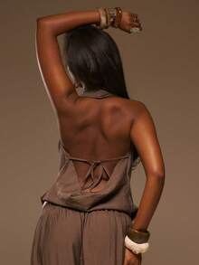 MUSERA 亚麻深V领露背无袖垂褶上衣，春夏度假海滩优雅伊比沙岛节日塔吉锅 - 咖啡棕 - 查看 4