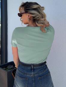 Jeta Ari Casual Loose Summer Solid Color Embroidered Heart Short Sleeve T-Shirt For Women - Mint Green - View 8