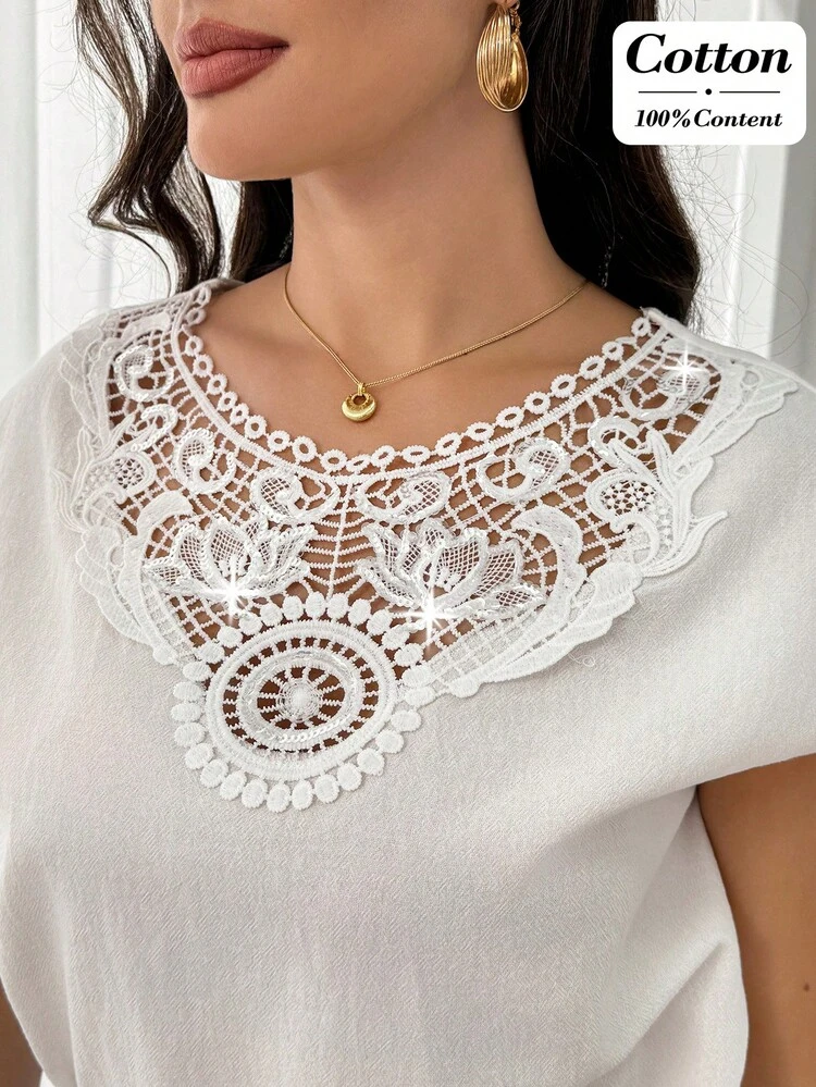 Elegant White  Blouse For Women – Floral Lace Neckline Cap Sleeve Top, Perfect For Summer & Spring, Ideal For Vacation, Beach, Going Out, Casual Daily Wear,Summer Outfits For Women