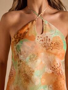 SHEIN BAE Orange Floral Criss-Cross Tie Ruffle Hem Asymmetrical Holiday/Vacation/Music Festival Blouse - Orange - View 7