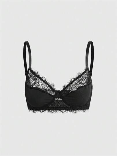 ROMWE 1pc Soft Lace Patchwork Mesh Goth Wireless Bra For Women