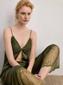 Ocili 2pcs Bohemian Style Lace V-Neck Camisole And Pants Comfortable Sleepwear Set For Women - Dark Green - View 2