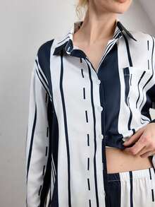 Ocili Conjunto de pijama de mujer de manga larga y pantalones holgados de satén sedoso con rayas degradadas - Azul y blanco - Ver 7