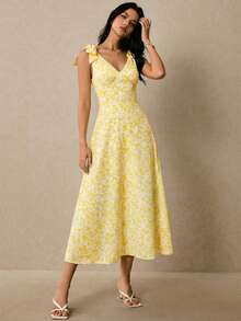 Poéselle Đầm maxi hai dây in họa tiết cổ chữ V thanh lịch dành cho nữ - Màu vàng - Xem 3