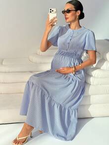 MaterniWear Robe d'été décontractée à rayures et manches courtes pour femme enceinte - Bleu azur - Voir 6