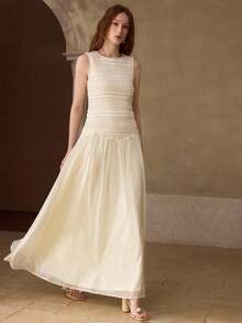 MOTF PREMIUM SPRING/SUMMER NEW KNITTED EMBROIDERED PATCHWORK SHINY CHIFFON SLEEVELESS ROUND NECK WOMEN LONG DRESS - Apricot - View 6