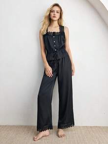 Ocili Women's Contrast Lace Single-Breasted Top And Pants Pajama Set - Black - View 6