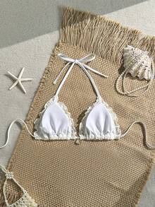 Swim Mod Solid Flower Textured Fabric Faux Pearl Sheen Scallop Trim Halter Triangle Bikini Top, Sexy Swimwear For Spring/Summer Beach Vacation - Beige - View 3