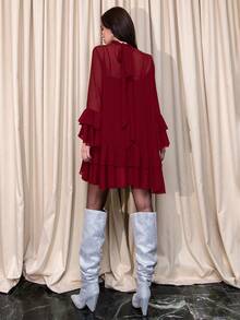 Bris Aura 女式纯色立领长袖简约休闲短裙 - 酒紅色 - 查看 2