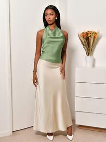 Mima John Apricot Neck-Tie Drape Collar Simple Elegant Women Blouse,Rave Top - Mint Green - View 4