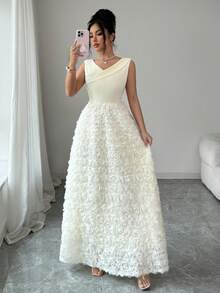 Elenzga Đầm lưới hoa 3D trễ vai, xếp ly eo dành cho nữ - Màu be - Xem 3