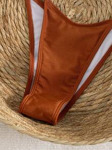 Swim Vcay Spring Break Summer Beach Solid Color Irregular Beaded Decor Halter Neck Tie Sexy Bikini 2-Piece Set - Brown - View 4