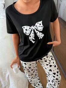 Dream Adore Bow & Heart Print Round Neck Short Sleeve Casual Women Pajama Set - Black - View 3