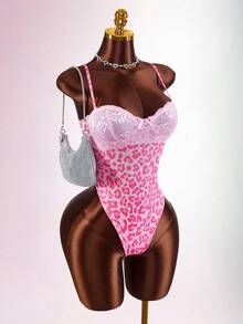 Amplova Women's Fashion Sexy Lace Patchwork Leopard Print Bodysuit - Pink - View 5