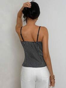 Glamine Women Striped Button Casual Versatile Date Outing Camisole Top - Black and White - View 2