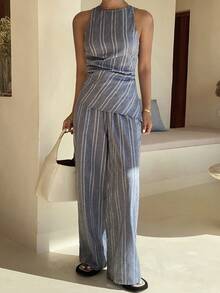DAZY 女士休闲条纹褶皱不对称吊带背心和阔腿裤两件套，夏季 - 藍色 - 查看 4