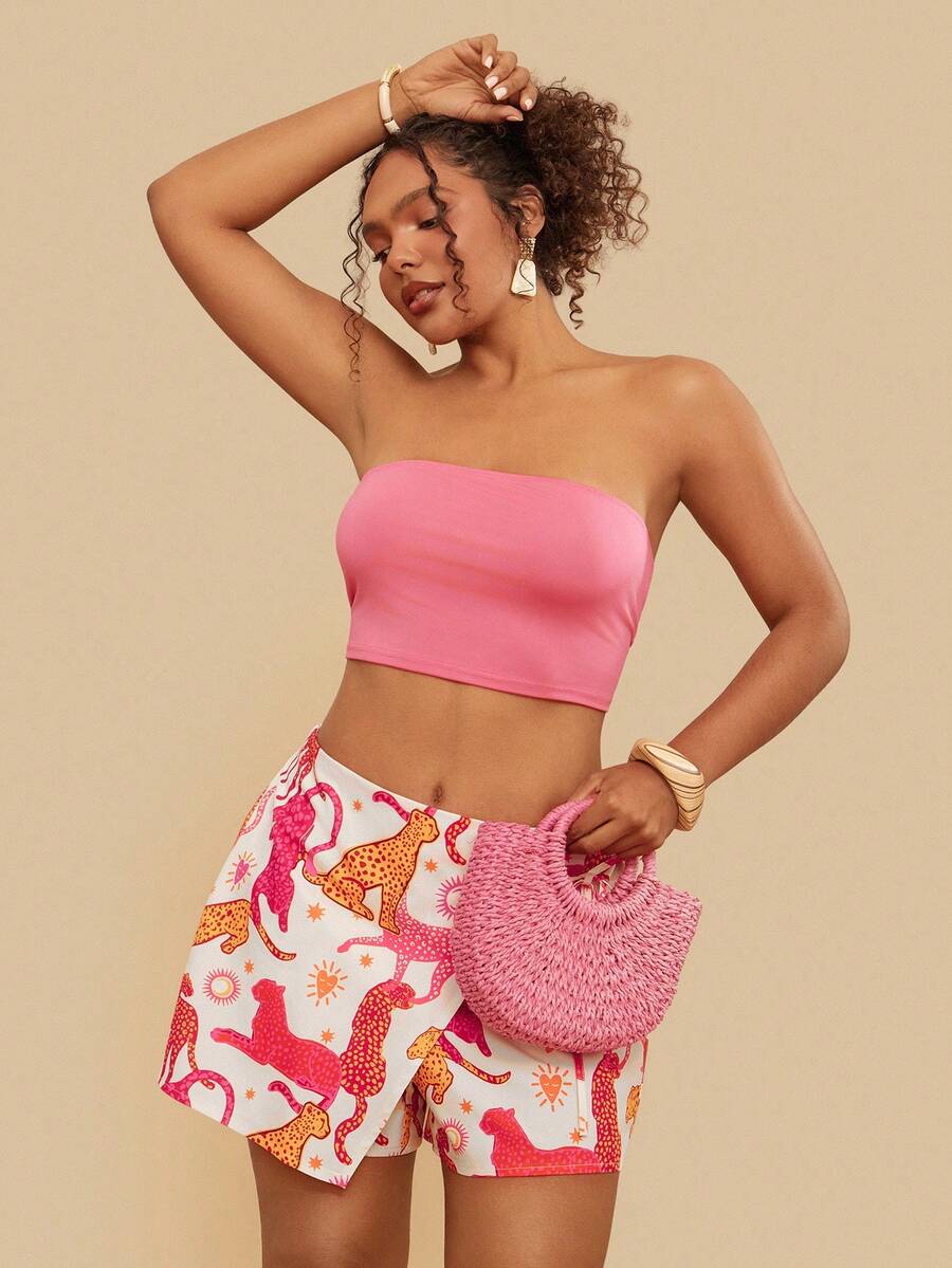 Travachic 大码波西米亚风休闲沙滩短裤，系带装饰，荷叶边设计，女士加大码服装，短裤，女士夏季服装，沙滩短裤，印花短裤，女士夏季短裤，动物纹短裤，猎豹纹短裤