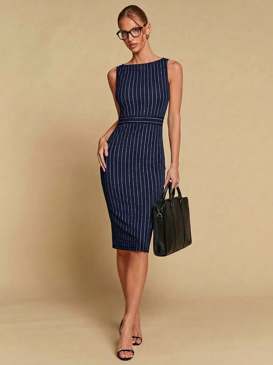COSMINA Women's Elegant Striped Cinched Waist Mid-Length Dress, Versatile For Office, Commute And Everyday Wear, All Season - Navy Blue - View 1