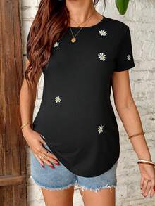SHEIN 孕妇休闲雏菊刺绣圆领短袖T恤 - 黑色 - 查看 4