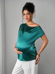 SHEIN Áo thun bầu màu trơn, vai lệch, chất liệu satin thanh lịch, kiểu dáng thời trang phù hợp cho mùa hè/xuân. - màu xanh lá - Xem 4