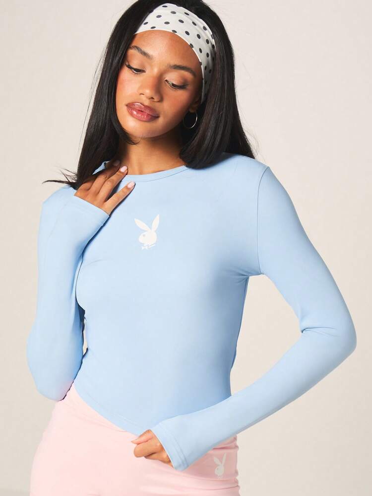 Missguided x Playboy 토끼 로고 라이트 블루 긴팔 피티드 크루넥 스포츠 티 애슬레틱 액티브웨어 상의