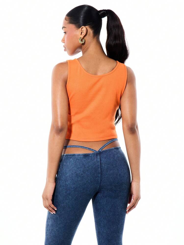 BABYPHAT Ribbed Notch Neck Graphic Tank Top With Cursive Script Print And Heart Design Summer Casual Sleeveless Tank Top