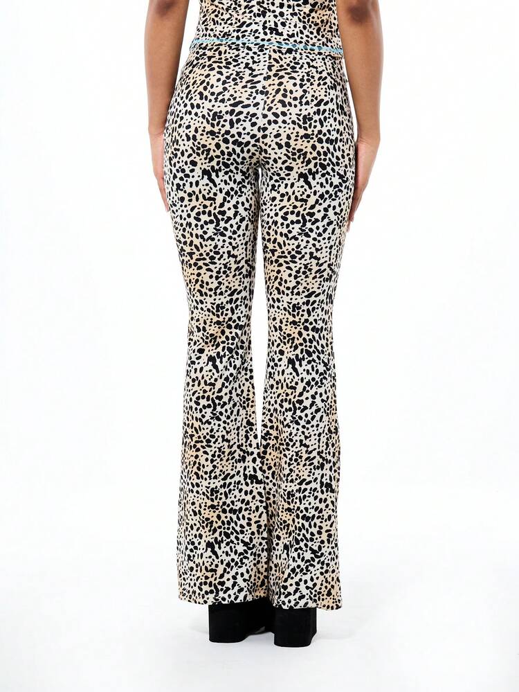 BABYPHAT Women's Cheetah Print Jersey Flare Leggings High Waisted Bell Bottom Wide Leg Stretchy Casual Fall Fashion Pants