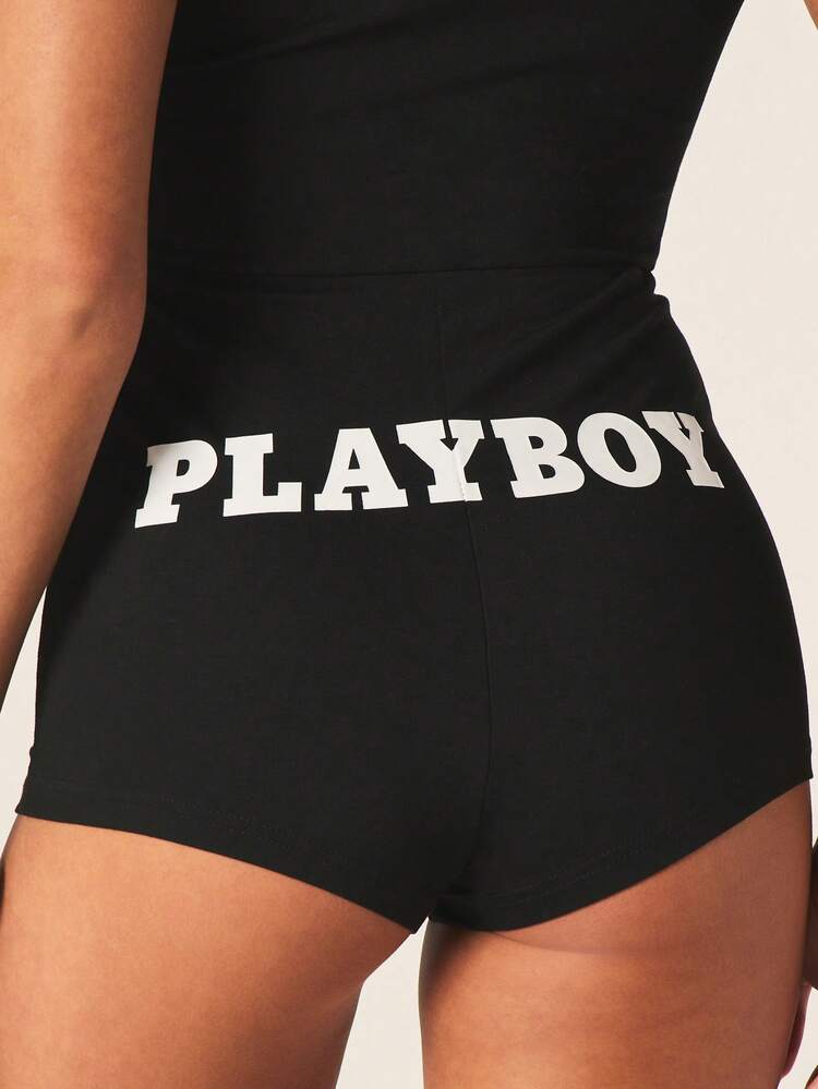 Missguided x Playboy Scoop Neck Sleeveless Black Bodysuit Cut Out Front One Piece Romper Casual Loungewear