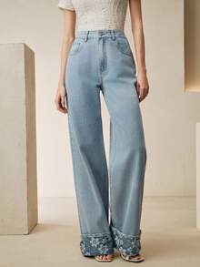 Anewsta New Fashion Jacquard Women Blue Denim Straight Leg Pants Pants Jeans Women's Jeans Wide Leg Jeans - Blue - View 6