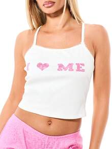 SUMWON WOMEN Womens Ribbed Cropped Tank Top And Boy Short Pajama Set With Scoop Neckline And I Love Me Print Pink Two Piece Sleepwear - Multicolor - View 6