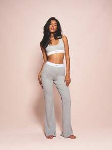 MISSGUIDED Quần dài ống loe dệt kim gân dành cho nữ, cạp chun co giãn và viền tương phản, kiểu dáng thoải mái để mặc nhà. - Xám - Xem 3