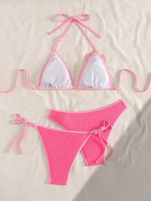Swim Vcay Bộ bikini buộc dây cổ 3 món dành cho nữ, thích hợp mặc đi biển mùa hè, họa tiết hoa 3D. - Màu Hồng Tươi - Xem 2