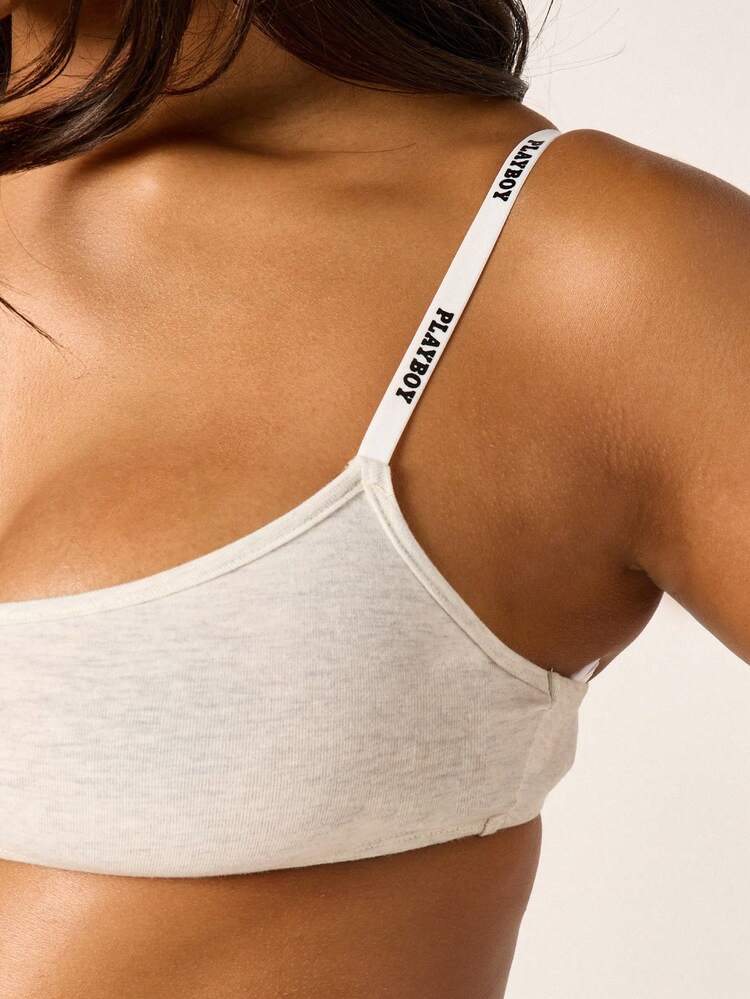 Missguided x Playboy Branded Ribbed Knit Bralette With Button Front Detail And Logo Straps Casual Cropped Top For Women