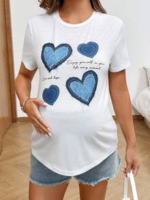 SHEIN 孕妇圆领短袖心形图案休闲舒适透气百搭T恤，夏季 - 藍白色 - 查看 6