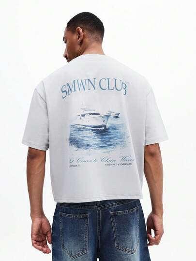 SUMWON Men's Casual Printed Short Sleeve Crew Neck Boxy Fit T-Shirt With Yacht Club Back Print Summer Cotton Tee