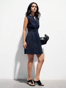 Aveloria Modichic Commuting Design, Waist Belt Decor, Fashionable V-Neck Pleated Sleeveless Casual Short Dress - Navy Blue - View 2