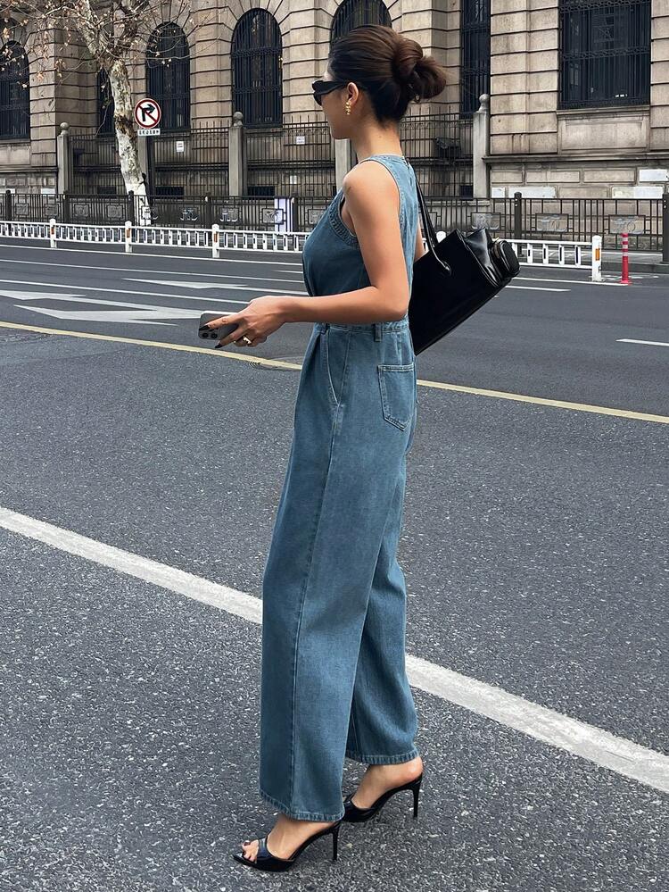 1pc Women's Solid Color Wrap Front Sleeveless Jumpsuit With Wide Leg Pants, Casual Summer Denim Bib Pants And Romper