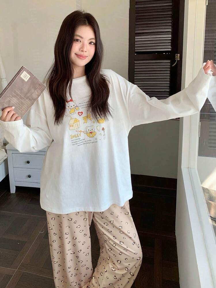 Dazy Plus 2pcs Cartoon Bear Print Top & Leopard Print Pajama Pants Set, Cute Plus Size Women Sleepwear